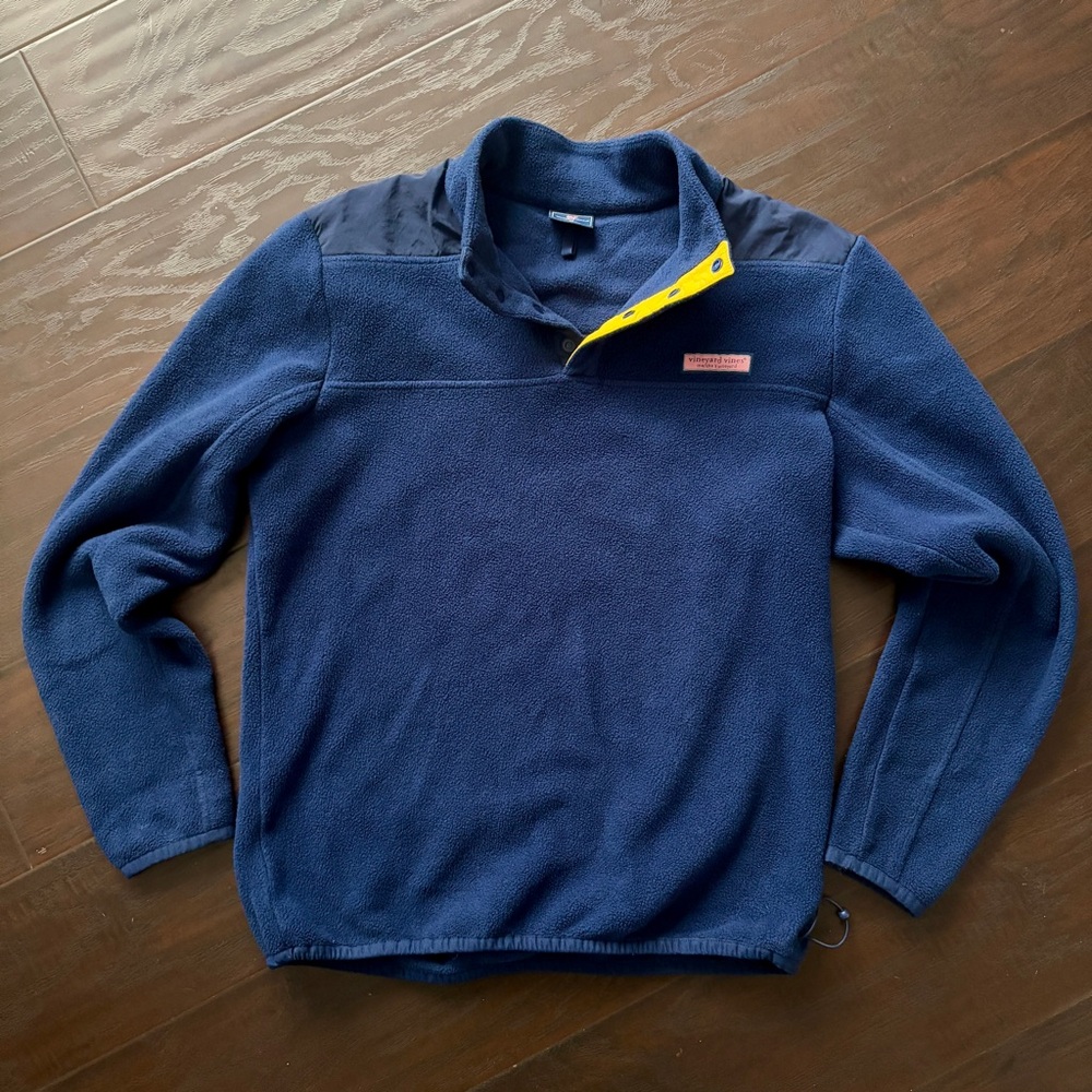 Vineyard Vines Navy Fleece Pullover with Yellow Snap Placket